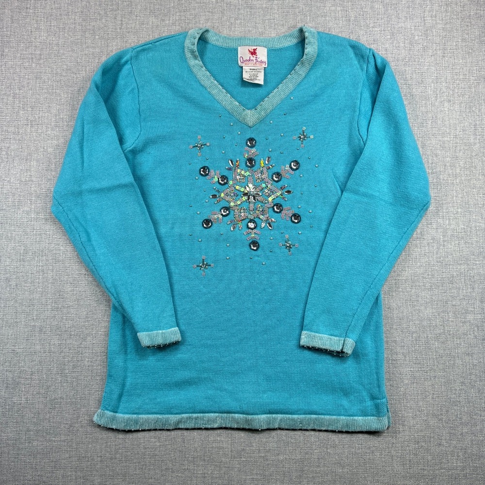 Vintage Quacker Factory Snowflake Sweater Women's Small Cotton Blend Beaded Blue